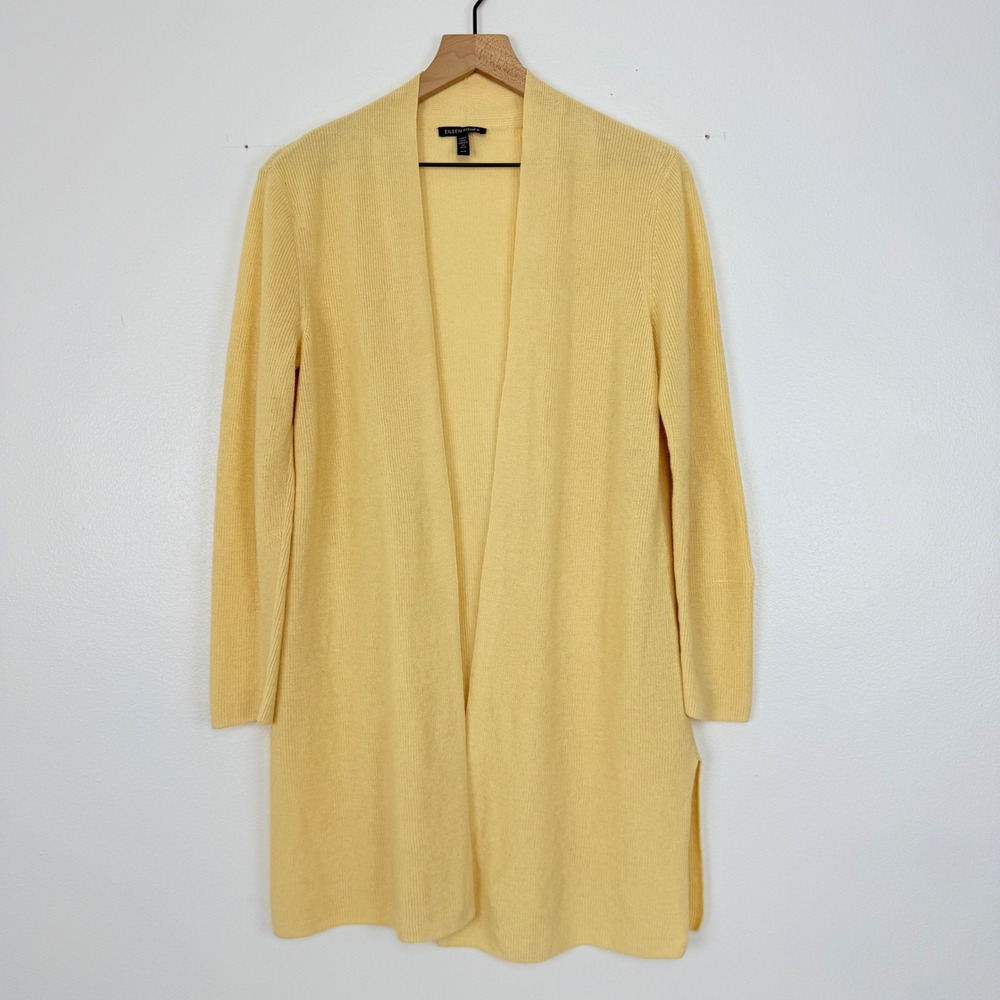 Eileen Fisher Long Cardigan Womens M Yellow Organic Linen Cotton Open Front
